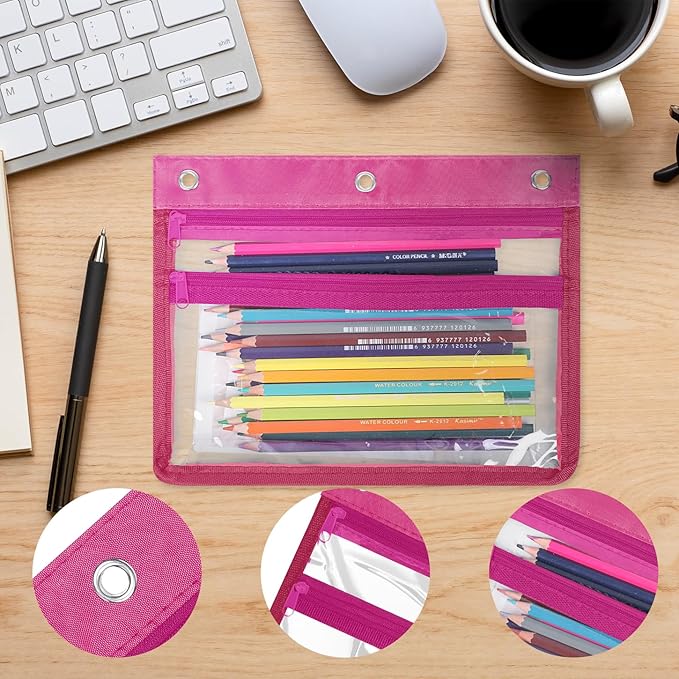 YoeeJob 6 Pack Zipper Pencil Pouches for 3 Ring Binder, 1.5 Inch Expandable with 2 Pockets and Clear Window for School and Office（Colorful）