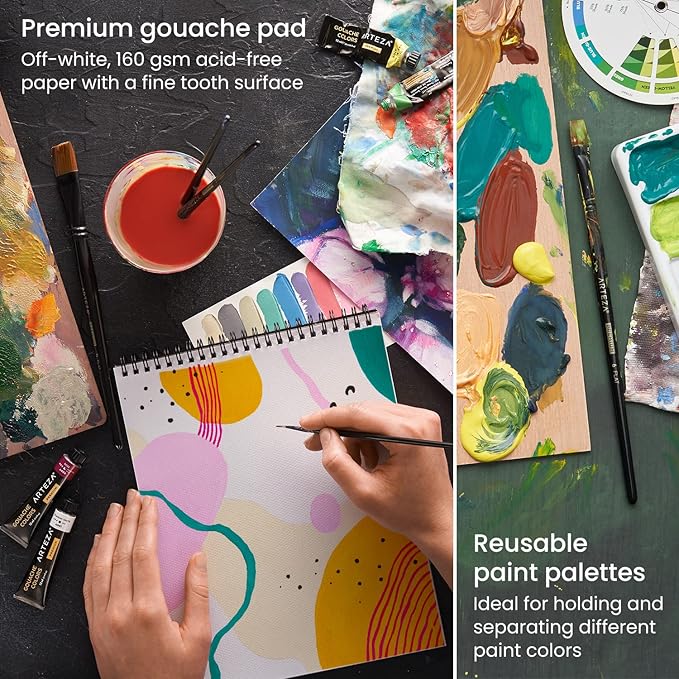 Arteza Gouache Paint Kit, 21 Pieces Art Set, 12 Gouache Art Paint Tubes, 5 Acrylic Brushes, Paper Pad, Plastic Palette, and Wooden Storage Case, Art Supplies for Professional Artists and Hobbyists