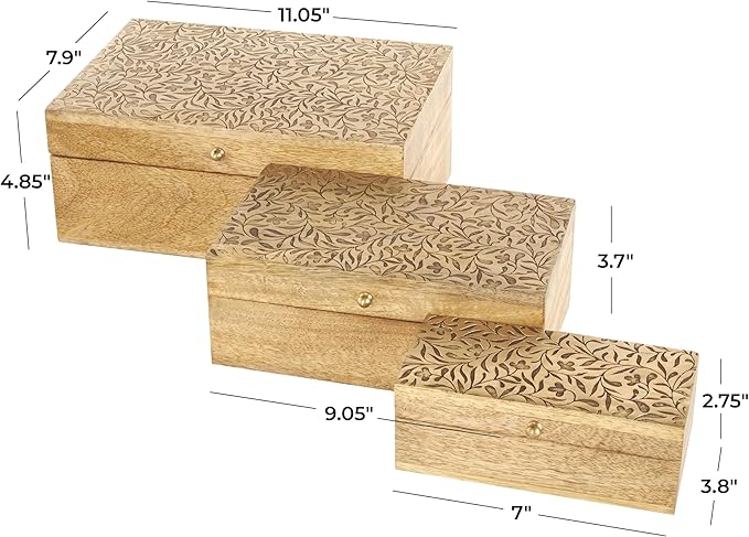 Deco 79 Mango Wood Scroll Handmade Decorative Box Storage Decorative Keepsake Box with Vine Carvings and Gold Accents, Set of 3 Storage Box 11", 9", 7"W, Brown