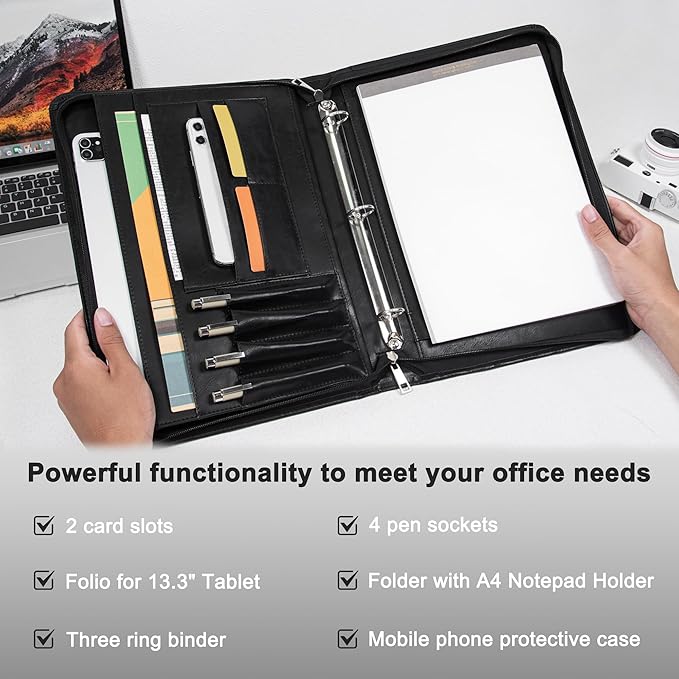 AZXCG Zipper Portfolio Padfolio Binder,3-Ring Padfolio for Women and Men,A4/Letter Size, PU Leather with iPad,Professional Organizer for Resume/Interview