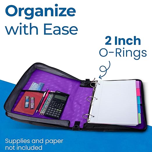 Case-it Universal Zipper Binder 2-Inch O-Rings,13In Laptop/Tablet Padded Pocket,400 Sheet Capacity,Multiple Storage Pockets & Shoulder Strap School & Office Organizer LT-007 Deep Purpal (Pack of 6)