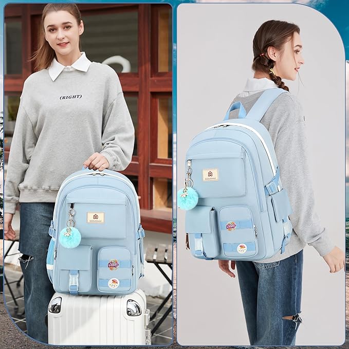 Hidds School Backpack for Teen Girls Women College Laptop Backpacks Kids Cute Bookbag Set with Lunch Box Pencil Case Elementary Middle High Campus Bag 3 Pcs Students Bookbags Sets Travel Daypack-Blue