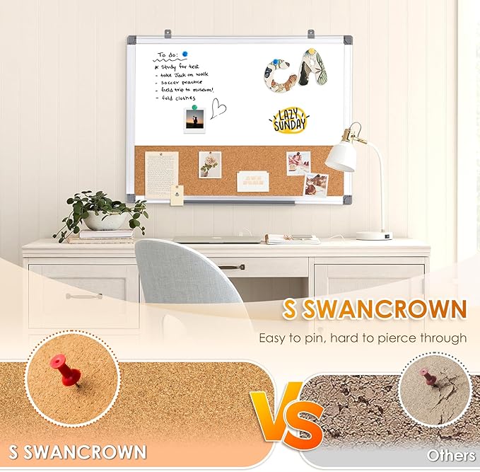 S SWANCROWN Dry Erase Board Cork Board Combo, Magnetic White Board and Bulletin Pin Board Combination,Hanging Wall Mounted Vision Board for Home, School, Office,Silver Frame,24"x18"