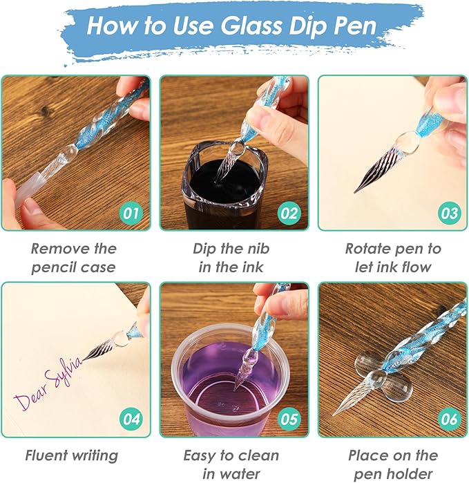 Outus 9 Pieces Glass Dip Pen Handmade Glass Signature High Borosilicate Crystal Vintage Dip Pen with 9 Pieces Penholder for Writing Drawing Calligraphy(Classic style,Classic Color)