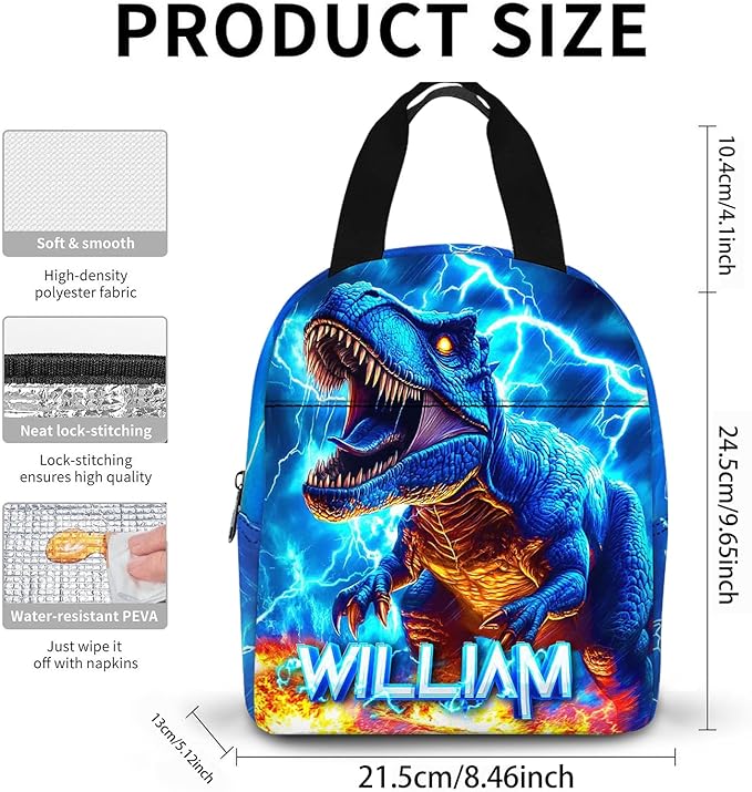 Dinosaur Backpack for Boys Personalized Name Bookbag Back to School Custom Kids Backpacks with Lunch Box for Elementary Middle School Blue