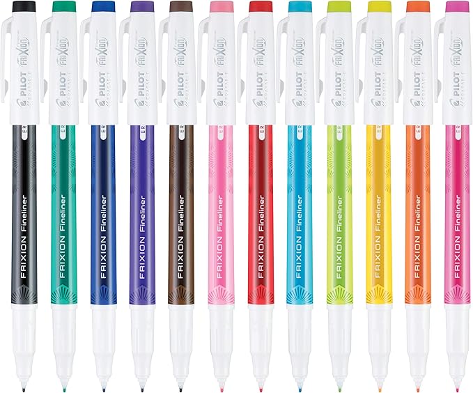 Pilot FriXion Fineliner Erasable Marker Pens, Fine Point 0.7 mm, Pack of 12, Assorted Colors, Erasable Pens - Ideal for School, Journaling, & Office Writing