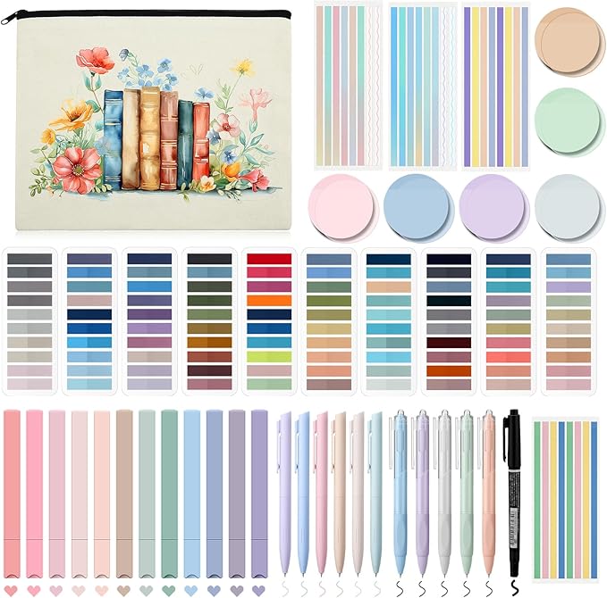 Book Annotation Kit, Aesthetic Bible Study Journaling Kit, 2640 Pcs Sticky Tabs, 300 Sticky Notes, 11 Gel Ink Pen, 12 Highlighter Marker, Pencil Case Pouch for Book Lover(Round)