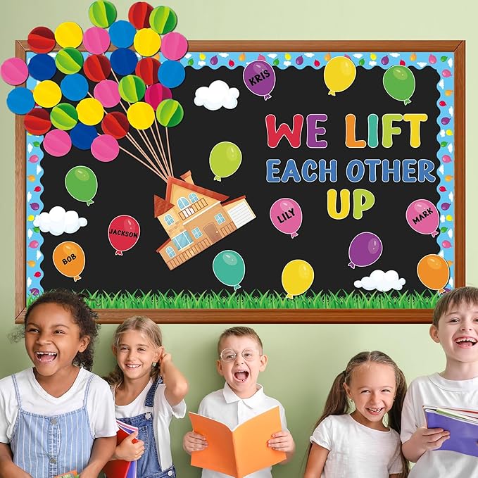 123Pcs Colorful Balloons Bulletin Board Set Mix Adventure Balloon Cloud Cutout Borders Name Tags Decoration Set Classroom Back to School Blackboard Decorations for Preschool Kindergarten Elementary