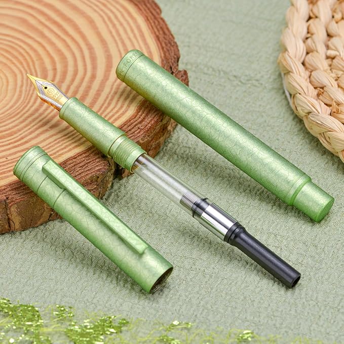 Hongdian 1851 Forest Fountain Pen Applegreen Ice Flowers, Blade Nib Classic Design Calligraphy Pen with Converter and Metal Pen Case
