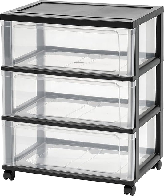 IRIS USA Plastic Drawer Storage Organizer Rolling Cart, with Wheels Casters, 3-Drawers, for Art Craft Supplies Bathroom Dorm Bedroom Laundry Room, Wide, Black