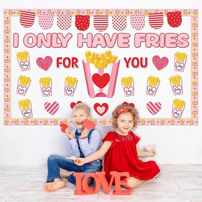party greeting Valentine's Day Fries Bulletin Board Set Valentines I Only Have Fries for You Classroom Decor Love Heart Name Border Trims Paper Cutouts for School Classroom Home Wall Decor Supplies