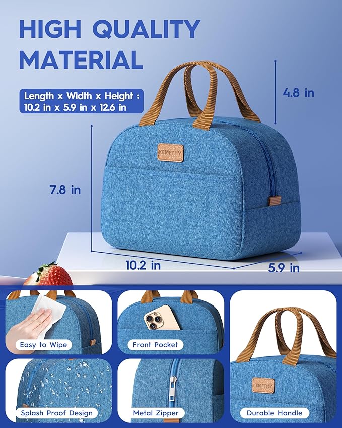 Adults Bento Lunch Box Set with Thermo Bag, 74oz Stackable Leak-proof 3-tiers Bento Box, Built-in Utensil and Sauce Container for Work, School, Dining Out (Blue)
