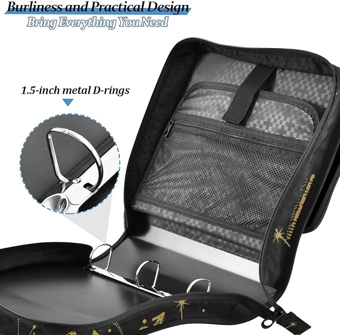 3 Ring Zipper Binder with Shoulder Strap Sun Moon Astrology Boho 1.5 inch Binders Keeper Large Capacity Multi Pockets for School Office Supplies