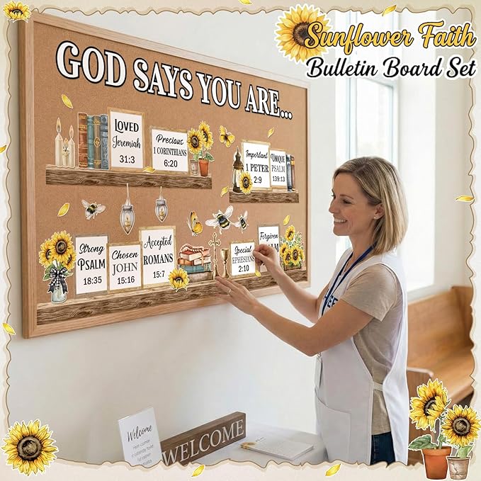 Qilery Sunflower Faith Bulletin Board Decorations Set, Cardstock Religious Wall Cutouts, Bulletin Board Borders & Letters, Christian Office Inspirational & Church Classroom Decor Kit, Adhesive Dots