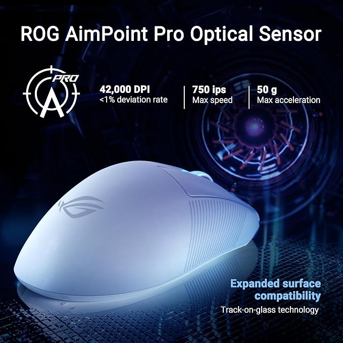 ASUS ROG Keris II Ace Wireless Gaming Mouse – Right-Handed Ergonomic, 54g, Tri-Mode Connectivity, 42K DPI, up to 107Hr Battery, PC/Mac Support - White