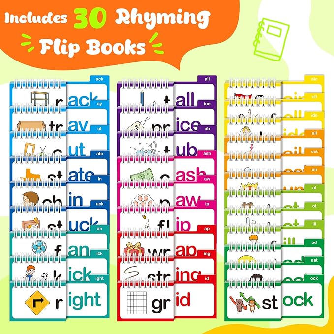 30 Read and Rhyme Flip Books,Word Family Build Book,Learn to Read Phonics Flash Cards,Sight Words Flash Cards Kindergarten Classroom Homeschool Learning Book,Phonics Flashcards,Reading Games
