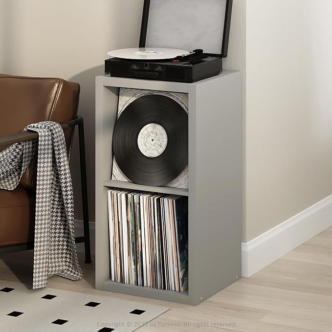 Furinno Cubicle Record Player Stand with Vinyl Storage, 2-Cube 1.2 Extra Thick Vinyl Record Storage, Open Back Media Shelf for CD DVD Blueray Game Disc, for Living Room, Home Office, Light Grey