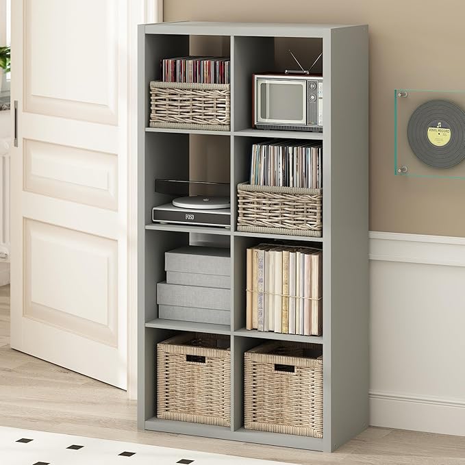Furinno Cubicle Record Player Stand with Vinyl Storage, 8-Cube 1.2 Extra Thick Vinyl Record Storage, Open Back Media Shelf for CD DVD Blueray Game Disc, for Living Room, Home Office, Light Grey