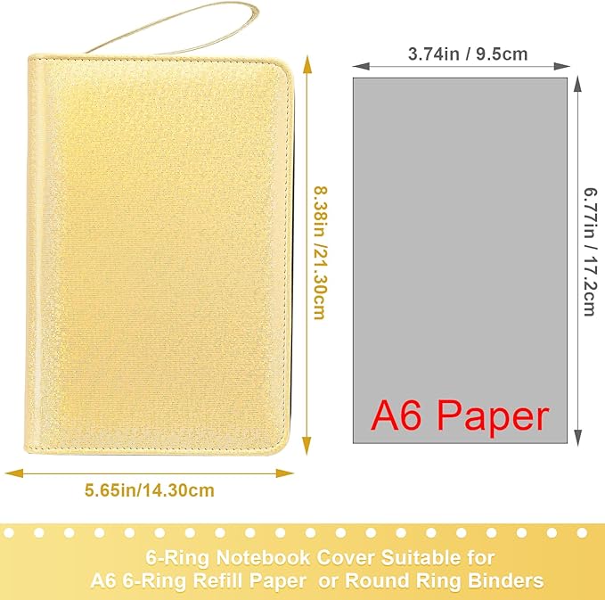 Toplive A6 Budget Binder with Zipper, 6 Ring Refillable Planner Binder Cover for A6 Cash Budget System, PU Leather Personal Organizer Personal Wallet Binder, Glitter Gold