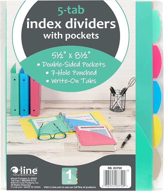 C-Line Mini Size 5-Tab Poly Index Dividers with Pockets, for 5.5 x 8.5, 6 x 9 and 8.5 x 11 Binders, Assorted Colors, One 5-Tab Set (03750) (Pack of 2)