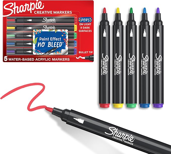 Sharpie Creative Markers, Water-Based Acrylic, Bullet Tip, Assorted Colors, 5 Count – Arts & Crafts, Kids Activity, School Classroom; Works on Paper, Metal, Wood, Ceramic, Glass, Rock, Canvas