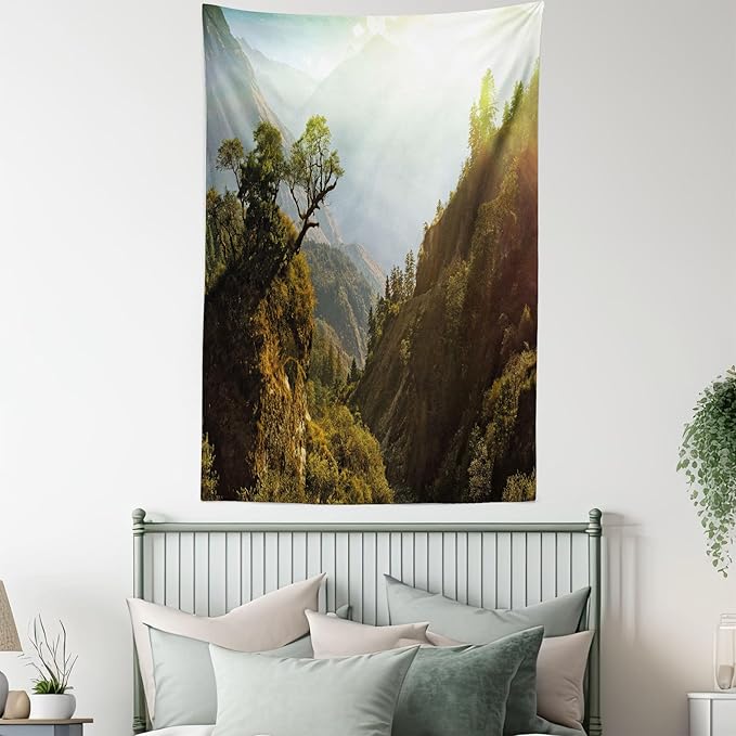Ambesonne Landscape Tapestry, Forest Nepal Himalaya Mountains Sunlight Majestic Scenery Nature Photo, Fabric Wall Hanging Decor for Bedroom Living Room Dorm, 23" X 28", Green Pale Yellow