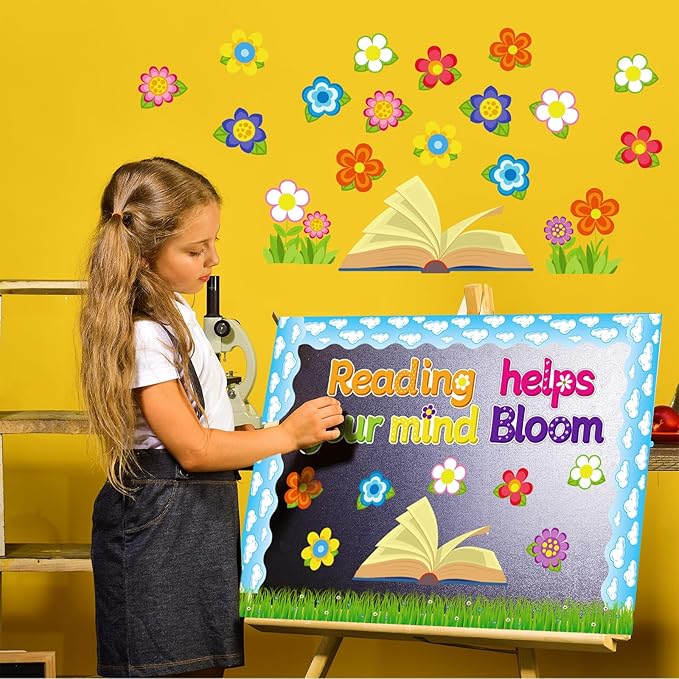Spring Flowers Bulletin Board Decorations Set,Spring Classroom Decor Colorful Flowers Cutouts Bulletin Board for Spring Holiday Party School Classroom Home Window Wall Decor Supplies