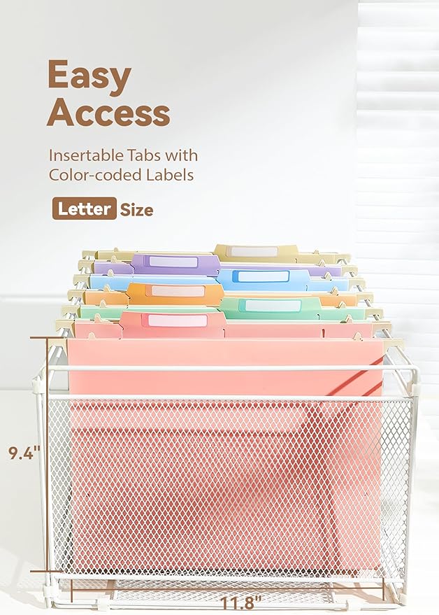 Plastic High Capacity Hanging File Folders, 4" Expansion for Bulky Documents, Side-Sealed Pocket, Holds Heavy Files, Letter Size, Movable Dividers, Insertable Tabs, 6 Pack, Pastel Colors