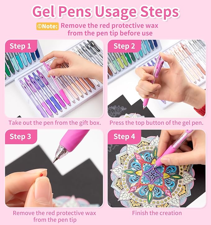 Gel Pens For Coloring, 24 Colors Retractable Colored Pens for Black Paper & White Paper, 0.7mm Fine Point Colorful Pens for Coloring, Writing, Drawing, Journaling, Note Taking, Office, Home