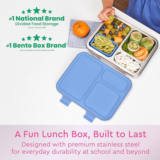 Bentgo Kids Stainless Steel Prints Leak-Resistant Lunch Box - 3-Compartments with Silicone Container, Durable, Eco-Friendly, Dishwasher Safe, BPA-Free, for School, Ages 3+ (Rainbows & Butterflies)