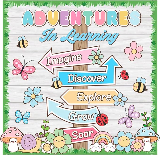 Spring Bulletin Board Adventures in Learning Classroom Decoration Spring Flower Signpost Paper Cutouts Spring Bulletin Board Set for Teacher Classroom School Office Chalkboard Wall Supply