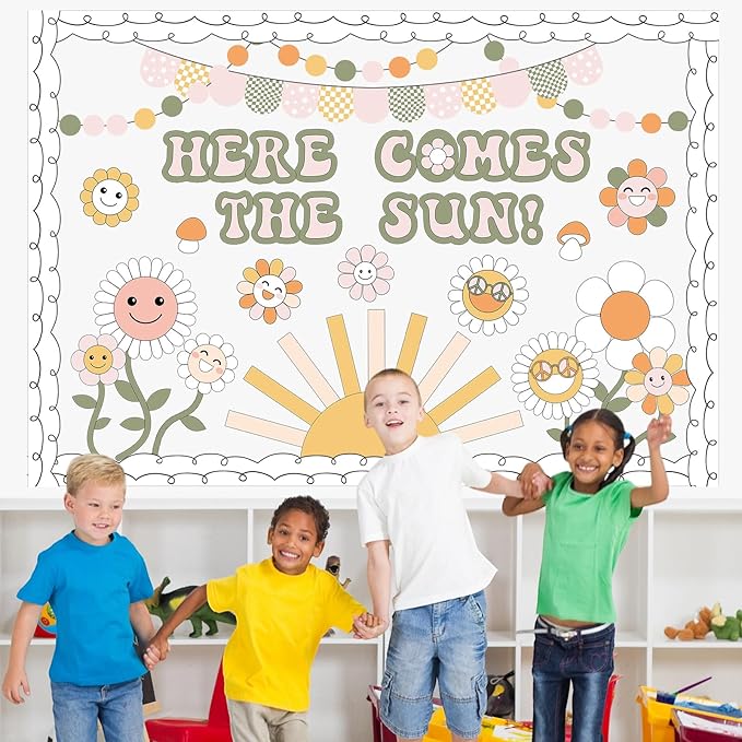 Epakh Here Comes The Sun Bulletin Board Set Sun Flowers Classroom Decorations Boho Daisy Paper Cutouts with Borders for Door Wall Back to School Party Supplies