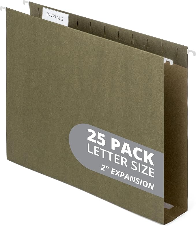 Blue Summit Supplies 25 Pack Extra Capacity Hanging File Folders Letter Size, Expandable Hanging File Folders, Heavy Duty 2 Inch Expansion, Designed for Wide, Bulky Files and Charts
