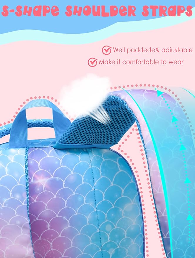 BLUEFAIRY Girls Mermaid Backpack Set with Lunch Box - Lightweight School Bookbag for Kids Aged 4-8