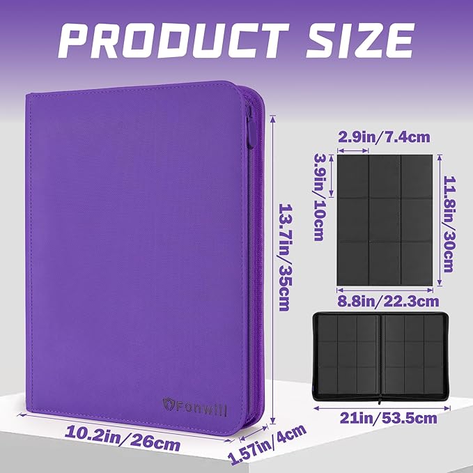 9 Pocket Card Binder,360 Pockets Trading Card Holder Book, Premium PU Cover Zip Folder Binder,Side Loading Carrying Case Binder Album for TCG,MTG,Sports Cards,Game Cards (Purple)