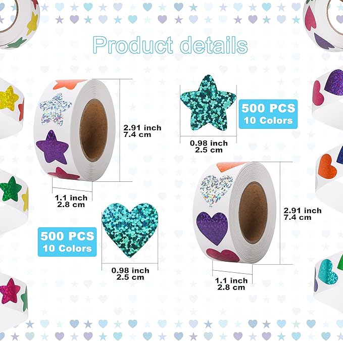1000 Pcs Foil Heart Stickers, 1 Inch Glitter Small Shiny Sticker for Kids Reward, Self-Adhesive Colorful Incentive Gift for Teachers Supplies, Party Decoration, Wedding