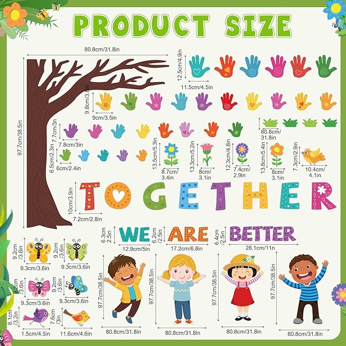 Pasimy Student Diversity Bulletin Board Sets Boho Classroom Decor Rainbow Equality Tree Handprint Cutouts Inclusion Multicultural Bulletin Board for Back to School Wall Door Decorations(Cartoon)