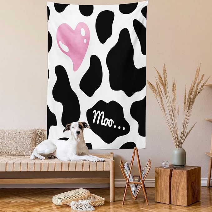 Ambesonne Cow Print Tapestry, Camouflage Hide Skin Pattern in Pastel Color Shades Heart Shape Moo, Wall Hanging for Bedroom Living Room Dorm Decor, 40" X 60", Pink Black White