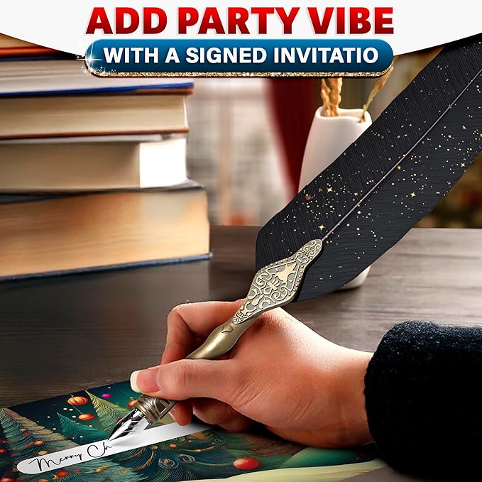 Vintage Feather Quill Pen and Ink Set – Black Feather Pen and Ink Set with Stainless Steel Nib & Stand for Calligraphy Beginners, Authors & Writers – Unique Gift & Vintage Decor for Home & Office