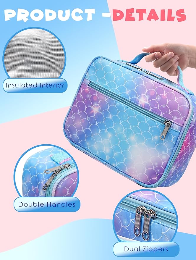 BLUEFAIRY Girls Mermaid Backpack Set with Lunch Box - Lightweight School Bookbag for Kids Aged 4-8
