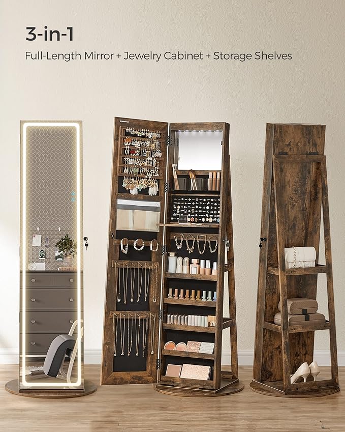 SONGMICS LED Jewelry Cabinet Standing, Lockable Armoire With Full-Length Mirror and Adjustable Lights, Space-Saving Organizer, Gift Idea, Rustic Brown UJJC008X01
