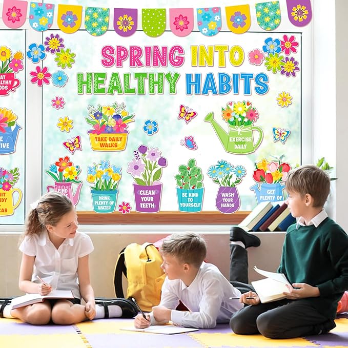 94 PCS Spring Bulletin Board Decoration - Flower Themed Classroom Decor Flower Bookshelf Bulletin Board Decor Spring into Healthy Habits for Offices Chalkboard Library Back to School Party Supplies
