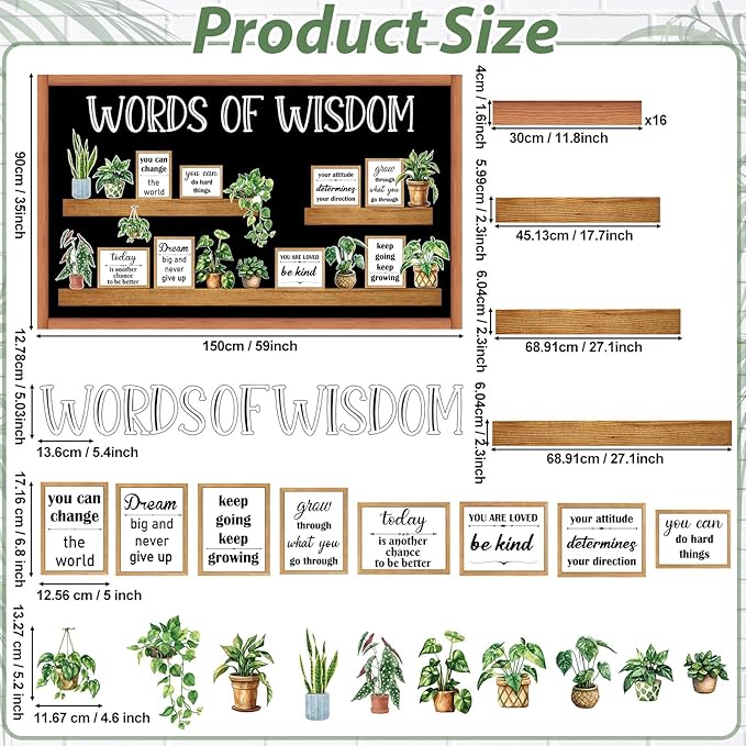Greenery Bookshelf Bulletin Board Set Plant Motivational Classroom Decor Inspirational Quote Frame Potted Plant Cutout for Back to School Spring Party Home Office Reading Library Chalkboard Wall Decor