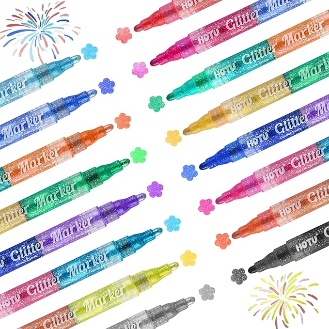 Glitter Markers Pens, 16 Colors Glitter Acrylic Paint Pens, Sparkly Metallic Dual-Tone Reversible Smooth Tips Shimmer Marker 8 Count for Coloring, Rock Painting, Wood, Fabric, DIY Craft