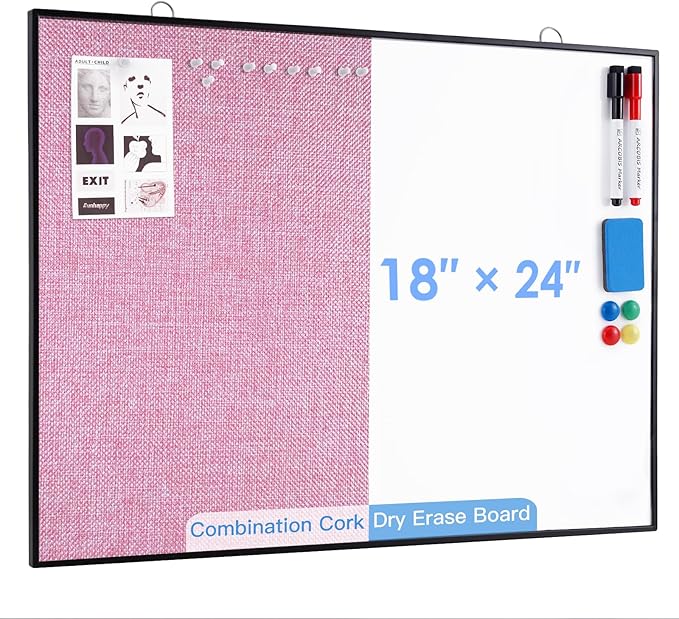 ARCOBIS Cork Board White Board Combo, 24"X18" Linen Bulletin Board Whiteboard for Wall, Double-Sided Magnetic Dry Erase Corkboard for Home, Office, School, Pink
