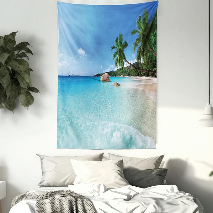 Ambesonne Ocean Tapestry, Anse Lazio Beach at Praslin Island Surfing Beach Scenic View Travel, Wall Hanging for Bedroom Living Room Dorm Decor, 40" X 60", Blue and Turquoise