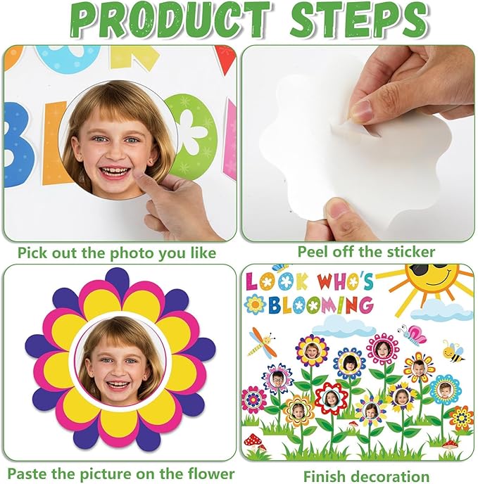 88Pcs Spring Bloom Flower Bulletin Board Decorations Set Look Who’s Blooming Classroom Decor Growth Mindset Photo Posting Craft Cutouts for School Offices Classroom Back to School Party Supplies