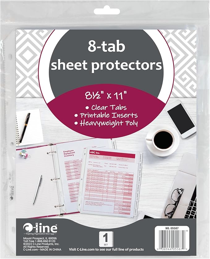C-Line Sheet Protectors with Index Tabs, Clear Tabs, 2", 11 x 8.5, 8/Set