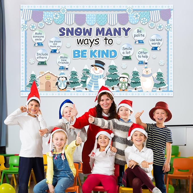 Winter Bulletin Board Set Snow Many Ways to Be Kind Bulletin Board Snowman Penguin Snow Globe Cutouts Motivational Classroom Decor Christmas Holiday Party for Classroom Chalkboard Wall Door Decor