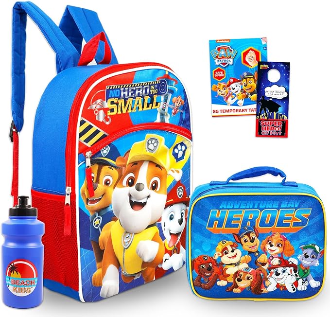 Paw Patrol Backpack and Lunch Box Set - Bundle with 16" School Backpack, Lunch Bag, Tattoos, Water Bottle, More | Paw Patrol School Bag for Kids, Boys, Girls